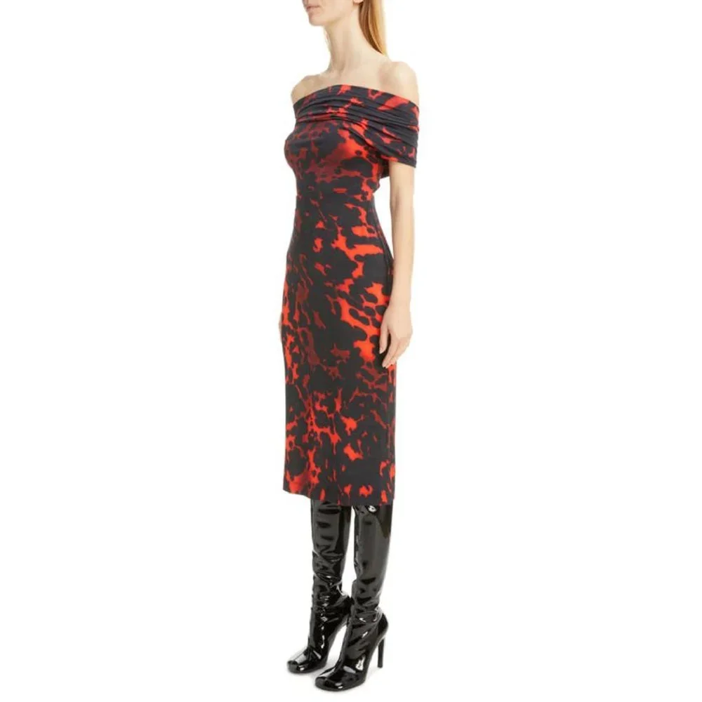 Dries Van Noten Hotmas Print Off the Shoulder Jersey Midi Dress in Red Size XS - Picture 5 of 14